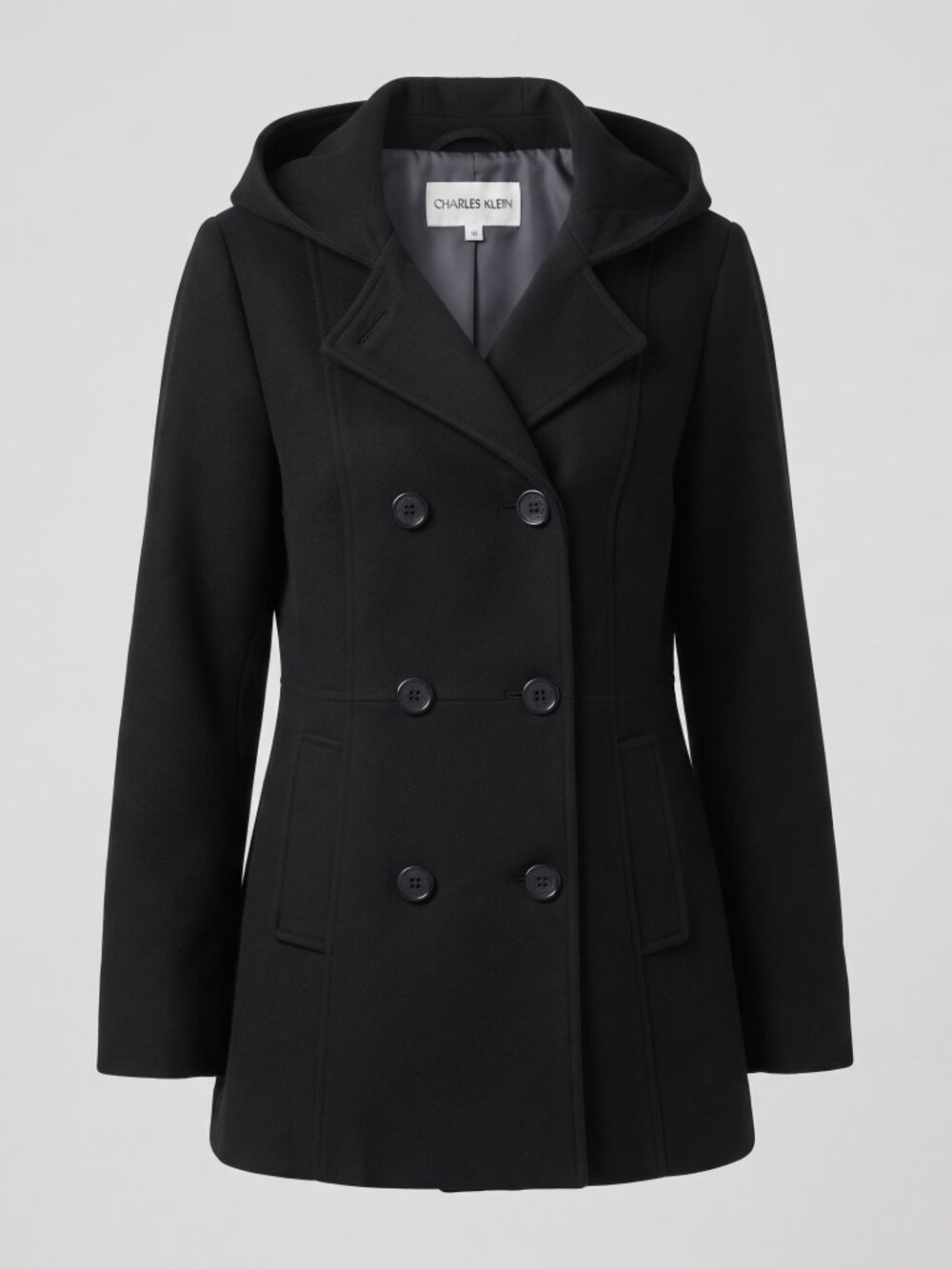 Charles Klein Black Hooded Pea Coat Double Breasted Jacket Size 8